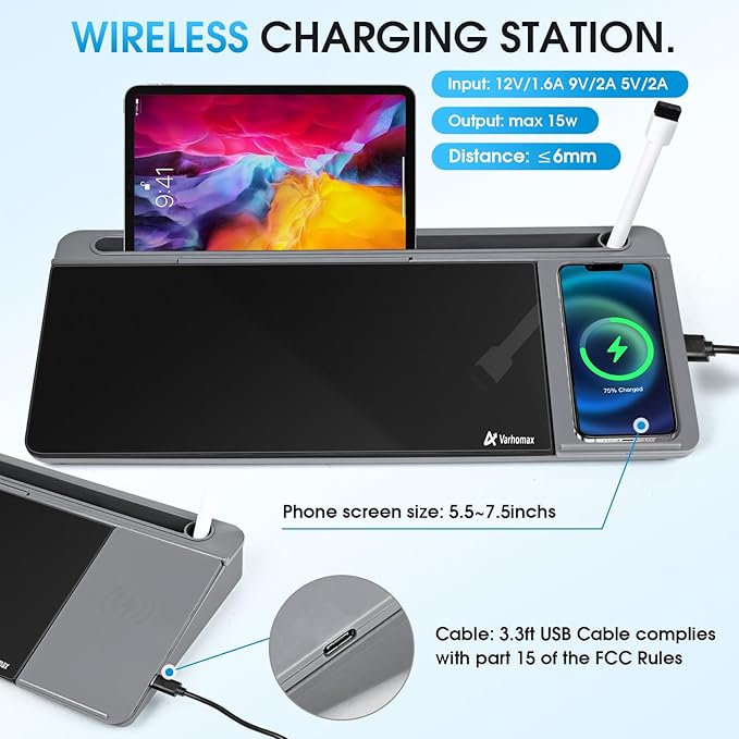 Varhomax Glass Desk Whiteboard with Wireless Charger, Desktop Organizer Dry Erase White Board with Storage, to Do List Memo Notepad for Home Office and School Supplies (Gray & Black)