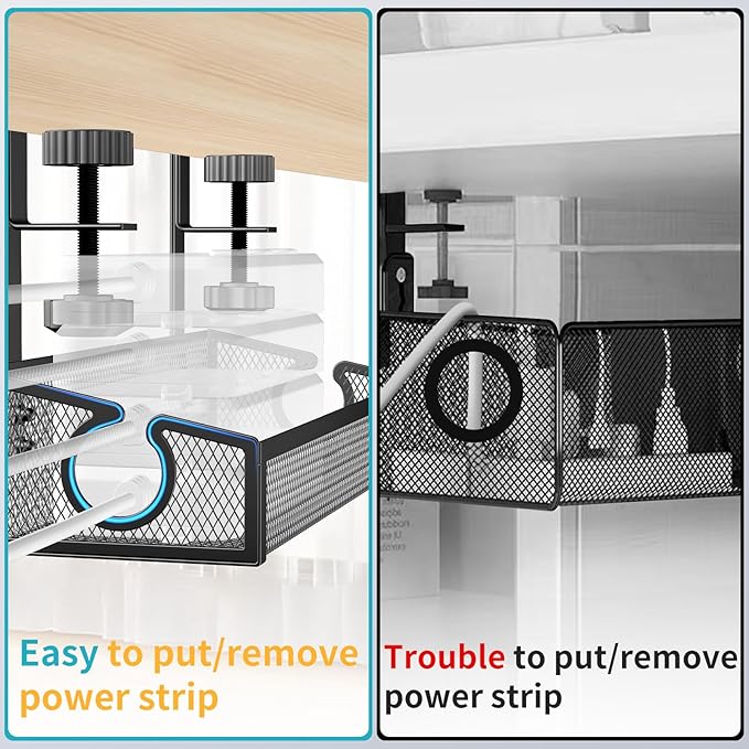 Under Desk Cable Management Tray Black, No Drill Organizer With Clamp for Wire Management, PC Cord Accessories & Workspace Organizers for Office, Home