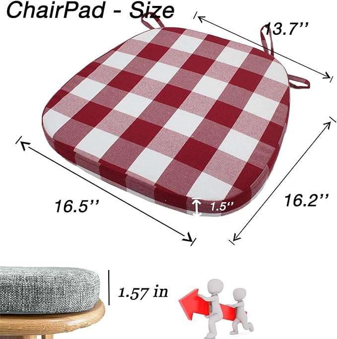 Plaid Chair Cushions with Ties for Dining Chairs - Memory Foam Non Slip Kitchen Chair Pad and Seat Cushion with Machine Washable Cover [16.5 x 16.2 Inches] - (Red White,1)