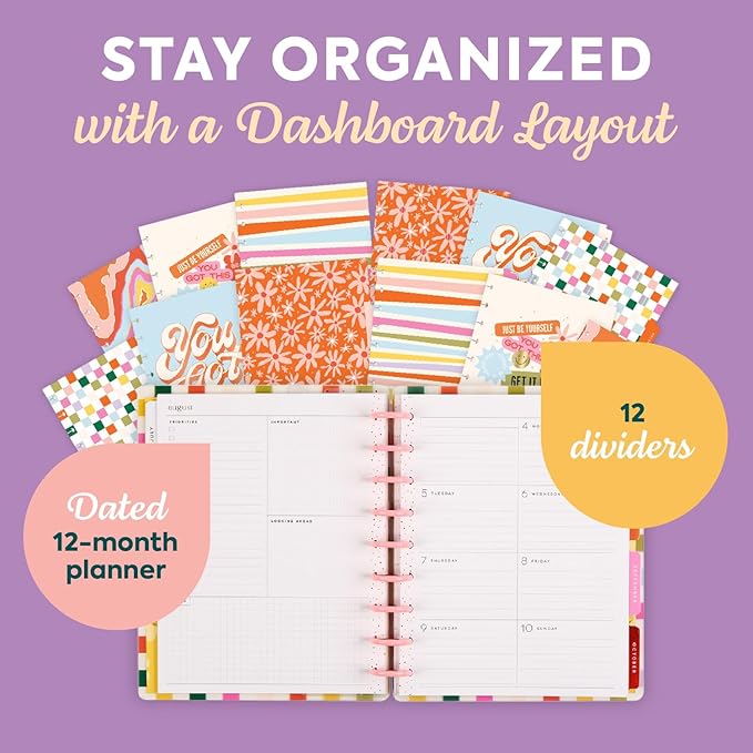 Happy Planner Disc-Bound 12-Month July 2025–June 2026 Planner with 3 Extra Months, Classic Size, Dashboard Layout, Just Be You, 7" x 9.25”
