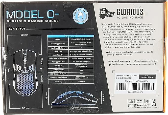 Glorious Model O- (Minus) Compact Wired Gaming Mouse - 58g Superlight Honeycomb Design, RGB, Pixart 3360 Sensor, Ambidextrous, Omron Switches - Matte Black