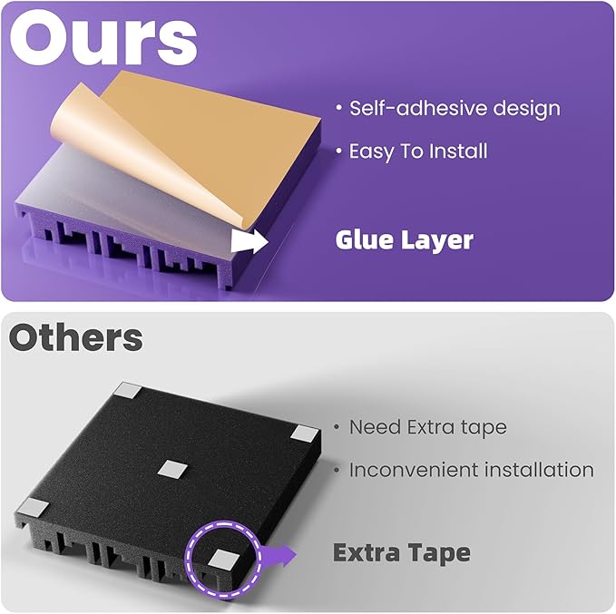 12 Pack Soundproof Wall Panels, 12" x 12" x 2" Acoustic Foam Panels for Walls, Self-Adhesive Soundproofing Panel, High Resilience Sound Absorbing Panels for Home Studios, Offices - Black & Purple