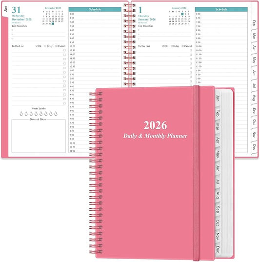 2026 Daily & Monthly Planner - One Page Per Day, Daily Planner from January 2026 - December 2026, Planner 2026 with 12 Monthly Tabs, 8.5" x 11", Pink