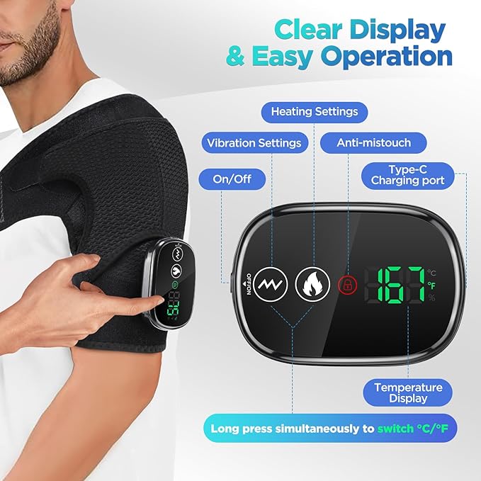 Cordless Portable Shoulder Heating Pad & Massager, Heating Vibration Shoulder Wrap, Shoulder Brace for Pain Relief, Rotator Cuff Support for Men & Women, Black