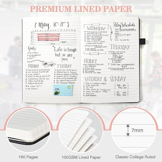 Lined Journal Notebook, 3 Pack A5 College Ruled Notebooks for Work, Hardcover Notebook Each with 2 Pockets & Pen, Leather Journal for Women, Men, 160 Pages, 100GSM Thick Paper (Sky Blue, Pink, Ivory)