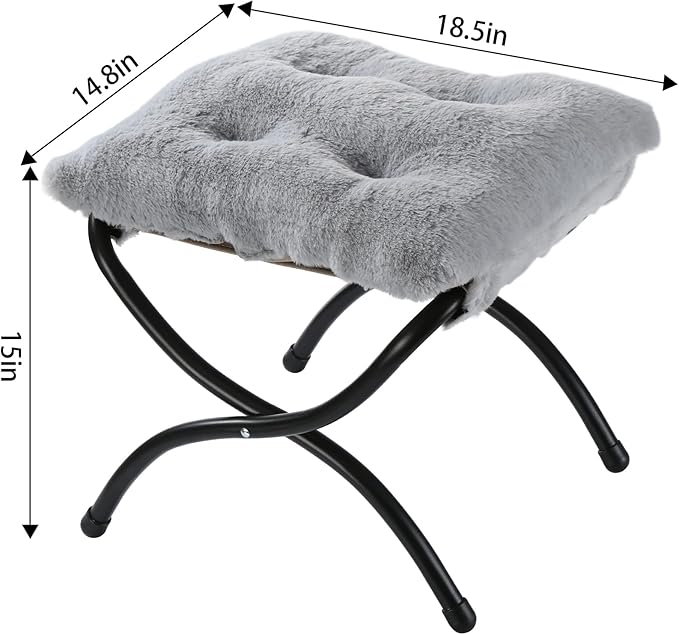 15" Foldable Foot Stool Ottoman with Metal Frame - Washable Faux Fur Grey Upholstered Indoor/Outdoor Footrest for Living Room, Bedroom, Patio - Space-Saving Compact Design
