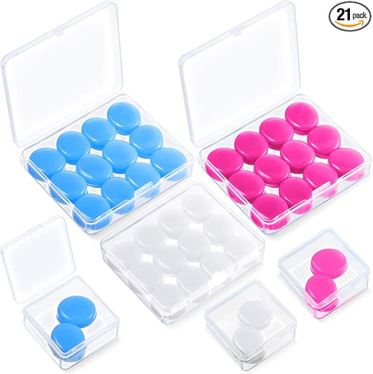 Frienda 21 Pairs Ear Plugs for Sleeping Reusable Moldable Silicone Earplugs Soft Noise Cancelling Earplugs Sound Blocking Ear Plugs with Case for Swimming Concert 32dB NRR (White, Blue, Rose Red)