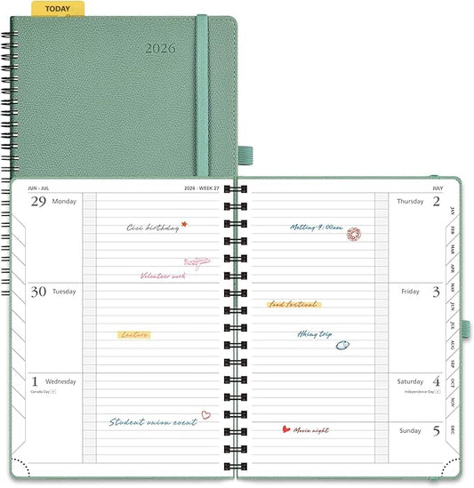 POPRUN 2026 Weekly and Monthly Planner Calendar, January 2026 - December 2026,Medium-6.75" x 8.75" Spiral Bound Appointment Book, Includes Monthly Tabs, Inner Pocket,Soft Cover - Midnight Green