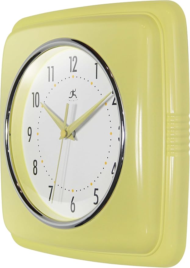 Infinity Instruments Retro Wall Clock – 9-Inch Square, Silent & Non-Ticking – Mid-Century Modern Vintage Design – Decorative Wall Clock for Kitchen, Office, or Diner – Yellow