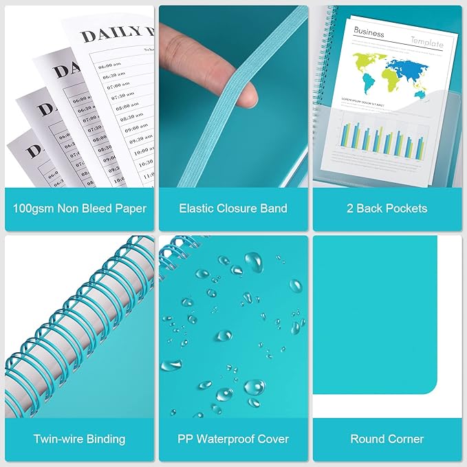 Planner Undated, Asten Daily Planner Agenda with to Do List, Hourly Schedules for Women and Men, Spiral Appointment Book with Elastic Closure, Inner Pocket 8.5" x 11" (Blue)