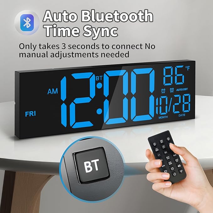 16.5" Large LED Wall Clock with Bluetooth Sync, Night Light, DST, 2 Alarms, RGB Color, Temperature, Remote Control, 12/24H, Timer for Living Room, Bedroom, Desk, Gift for Mother Father Elderly