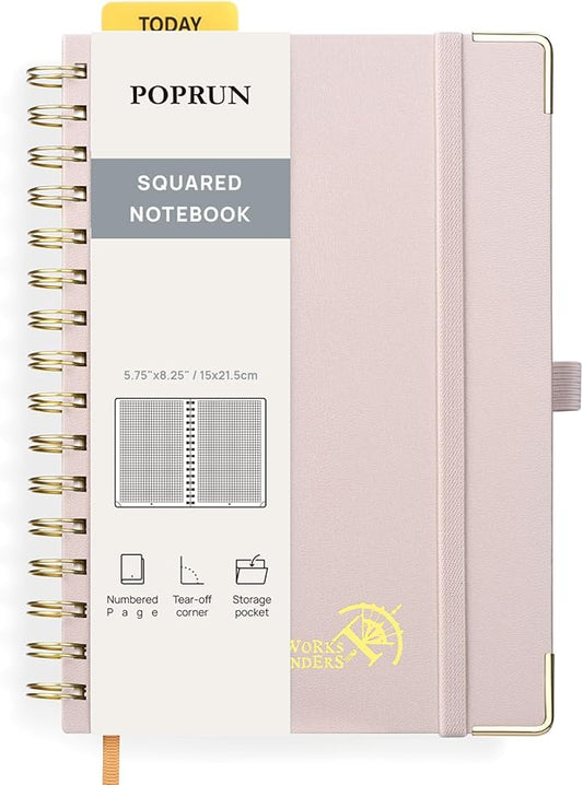 POPRUN Graph Paper Spiral Journal Notebook, [A5-5.75'' x 8.25''] - 120 GSM Thick Paper, 141 Numbered Pages, Grid Notebooks for Men & Women with Pocket, Index Tabs, 8 Perforated Sheets,Light Pink
