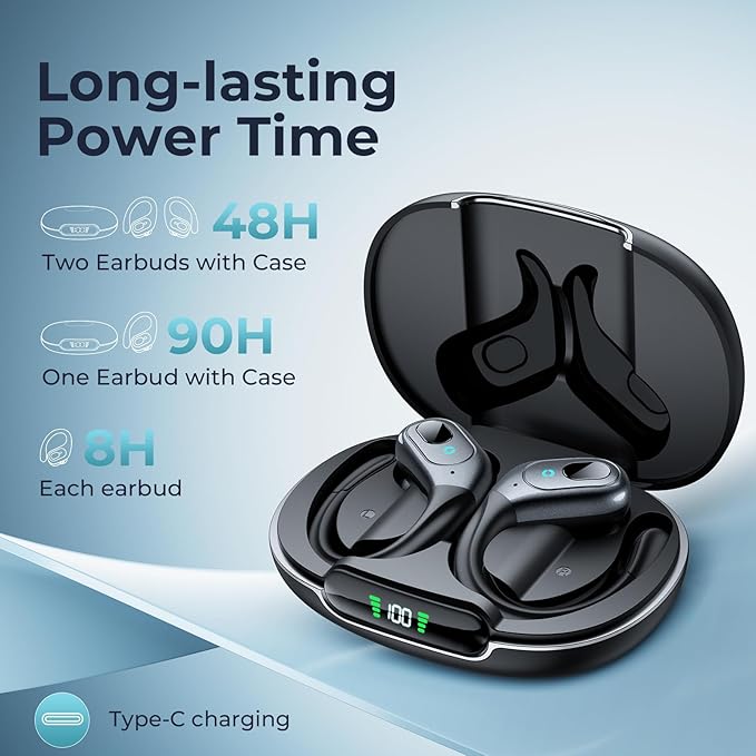 occiam Active Noise Cancelling Ear Buds Bluetooth Headphones Wireless Earbuds 90Hrs Playback Stereo Bass Earphones with Over-Ear Hooks IPX7 Waterproof Earbud for Sports Running Gym Workout Black