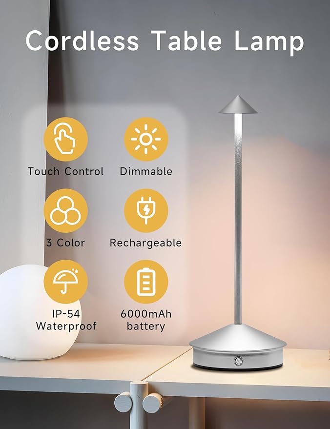 Cordless Table Lamps,LED Rechargeable Desk Lamp,Portable Modern USB Battery Operated Lights,Outdoor Waterproof Touch Dimmable,for Patio,Restaurant,Bar,Camping,Dining Home Set of 2 Silver