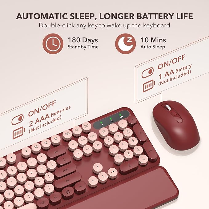 Wireless Keyboard and Mouse Combo - Retro Keyboard with Round Keycaps, Full-Size Typewriter Keyboard with Detachable Wrist Rest, 2.4GHz Connection for Mac/Windows/PC (Wine Red)