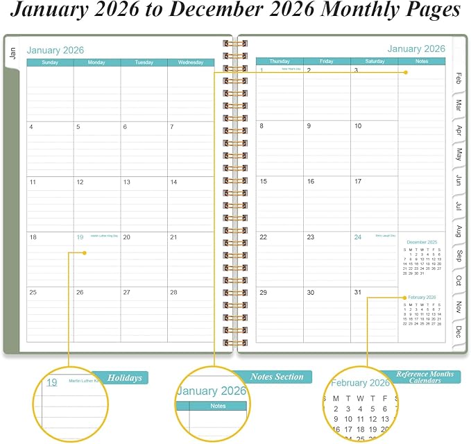 2026 Daily & Monthly Planner - One Page Per Day, Daily Planner 2026 from January 2026 to December 2026, Planner 2026 with 12 Monthly Tabs, 6.4" x 8.5", Green