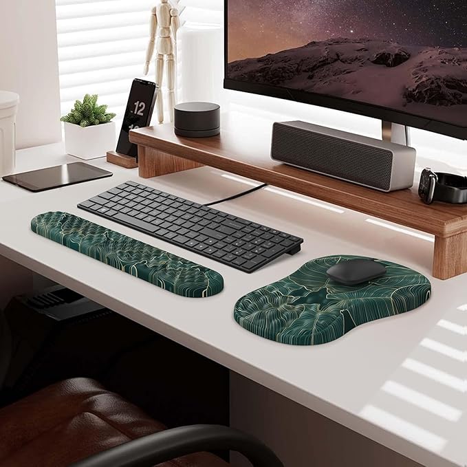 HAOCOO Ergonomic Mouse Pad with Wrist Rest and Keyboard Wrist Rest, 3 PCS Computer Carpal Tunnel Mouse Pads Set for Desk with Coaster, Memory Foam Mousepad Support for Office Laptop, Green Palm Leaves