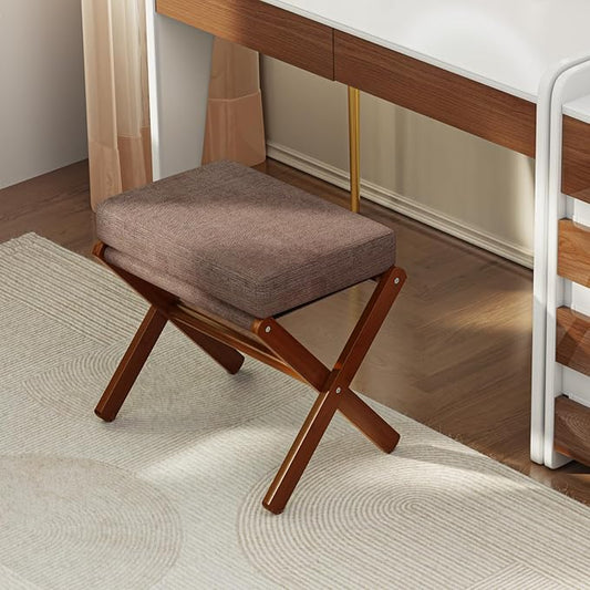 Foldable Foot Stool Ottoman, Modern Foot Rest with Bamboo X Legs & Thick Foam Cushion, Folding Foot Stools Small Padded for Bedroom Living Room, Makeup Vanity Stool Chair (Brown - Brown)