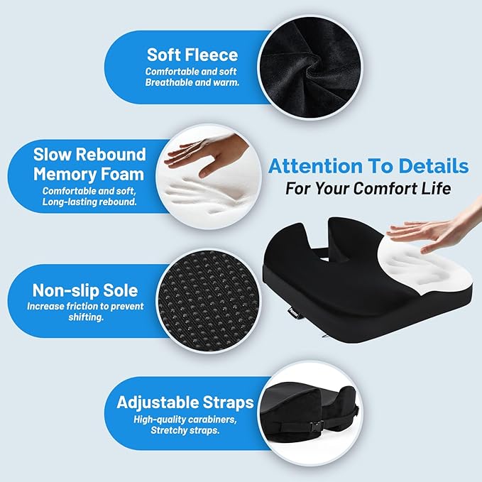 Large Memory Seat Cushion,Car Seat Cushion are Used to Relieve Sciatica, Suitable for Offices, Cars, Wheelchairs, Multi-Purpose (Black Flannel)