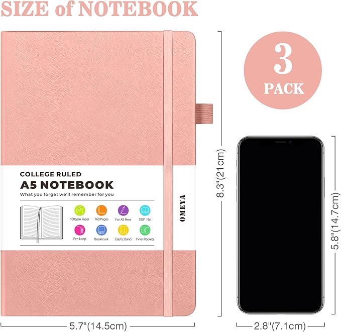 Lined Journal Notebook, 3 Pack A5 College Ruled Notebooks for Work, Hardcover Notebook Each with 2 Pockets & Pen, Leather Journal for Women, Men, 160 Pages, 100GSM Thick Paper (Sky Blue, Pink, Ivory)