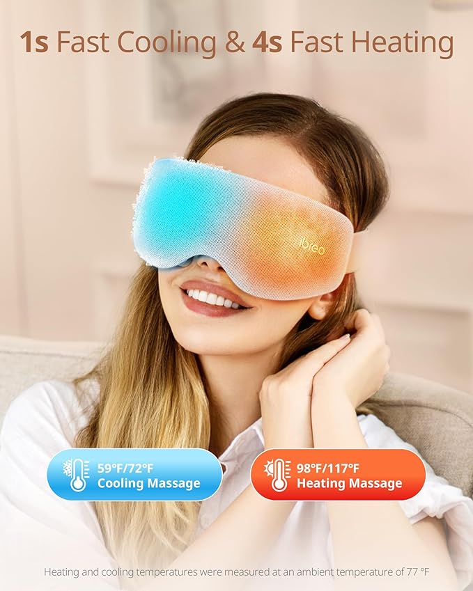 Eye Massager with 2 Level Heat & Cool, 150 Mins Uses, 3 Modes & 14 Vibration Heads, Heated Eye Mask with Bluetooth Music for Migraine, Eye Strain Puffiness and Dry Eye Relief, Relaxation for Women Men