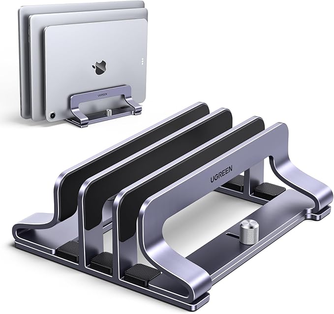 UGREEN 3-Slot Vertical Laptop Stand Holder Desk Compatible with MacBook Pro Air Laptop Stand Desktop Adjustable, Lenovo Ideapad, Surface Book, HP Notebook, Dell Chromebook Up to 17.3 Inch, Space Gray