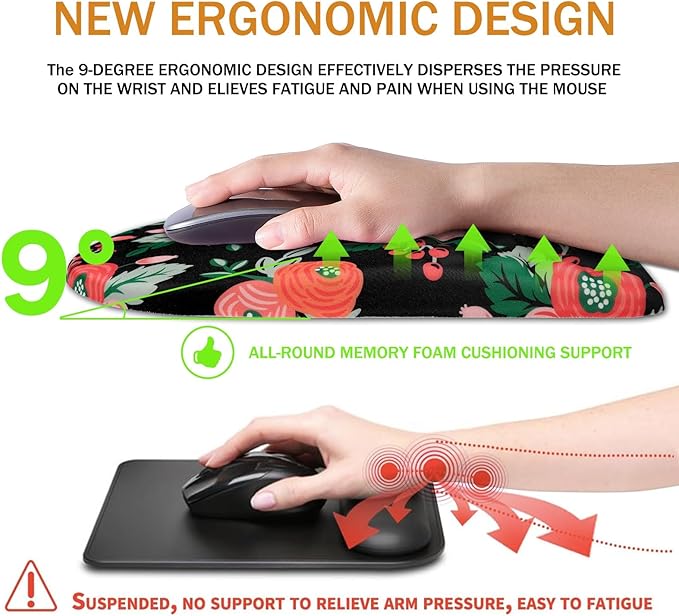 Ergonomic Mouse Pad Wrist Support,Upgrade Mousepad with Massage Design,Non-Slip PU Base Desktop Mouse Pads for Pain Relief, Computer, Office & Home,12 x 8 in（F-Flower Black）