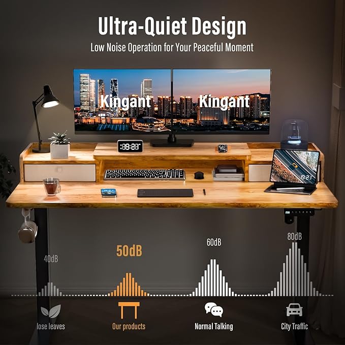 Kingant 63" x 30" Standing Desk with Drawers, Large Desktop, Ergonomic Sit Stand Desk for Home Office Work, Cable Management, 3 Preset Heights & 2 Hooks, Light Rustic