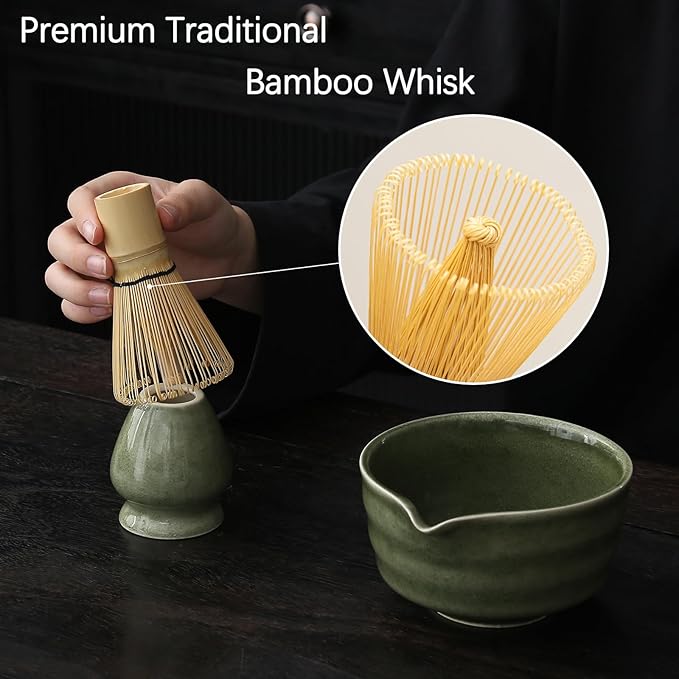 Matcha Set, Matcha Bowl with Spout, Matcha Whisk and Holder, Bamboo matcha Scoop and Stainless Sifter - 5 Pcs Jade Green Matcha Set Kit for Matcha Lover