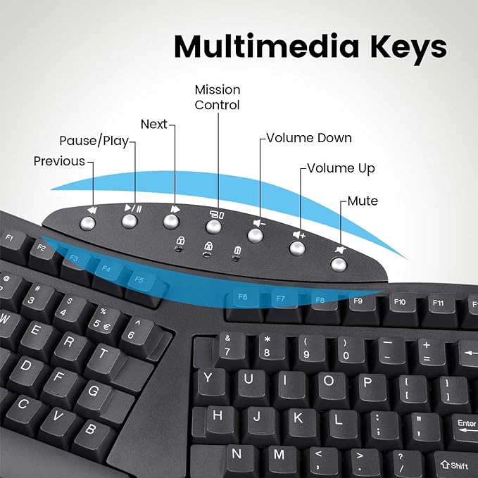 Perixx Periboard-612B Wireless Ergonomic Split Keyboard with Dual Mode 2.4G and Bluetooth Feature, Compatible with Windows 10 and Mac OS X System, Black, US English Layout