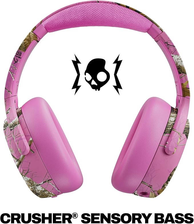 Skullcandy Crusher ANC 2 Wireless Over-Ear Bluetooth Headphones with Multi-Sensory Bass, Active Noise Cancelling, Up to 60 Hours Battery, Microphone for iPhone Android - Realtree Edge Colors Pink