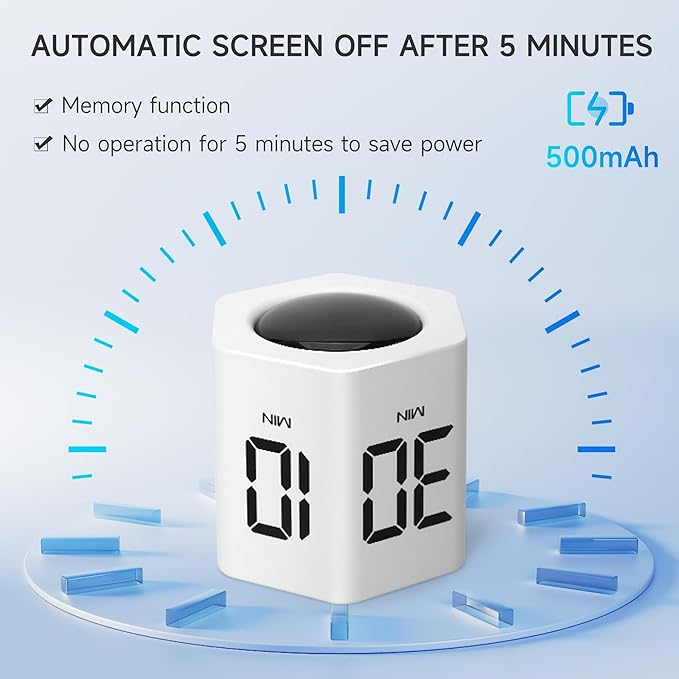 Productivity Timer 1, 5, 10, 30, 60 Minutes Preset, Desk Cube Timer with Gravity Sensor/Mute/Vibration for ADHD, Work, Study, Kitchen, Back to School (2, White&White)