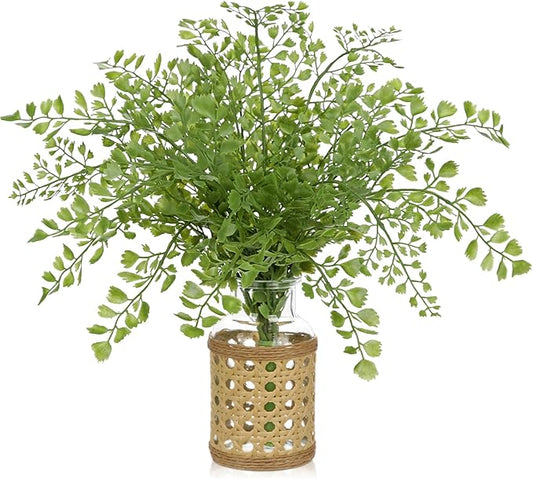 Faux Greenery Stems in Vase Aritificial Fern Plant in Glass Vase with Faux Water & Woven Cover Small Fake Desk Plants Greenery Centerpieces for Farmhouse Kitchen Dinner Tables Shelves Plants Decor