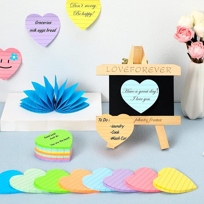 Teling 24 Pcs Heart Shape Lined Sticky Notes Cute Sticky Notes Bright Colorful Sticking Power Memo Pads Red Heart Self Notepads for Office School 3x3 Inch(Light Colors)