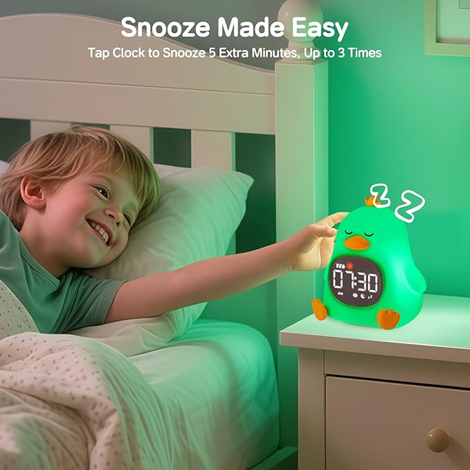 Alarm Clock for Kids with Night Light, Sleep Training Clock Time to Wake Clock, Rechargeable Silicone Light for Bedroom, Perfect Sleep Companion for Boys Girls, Sleepy Duck