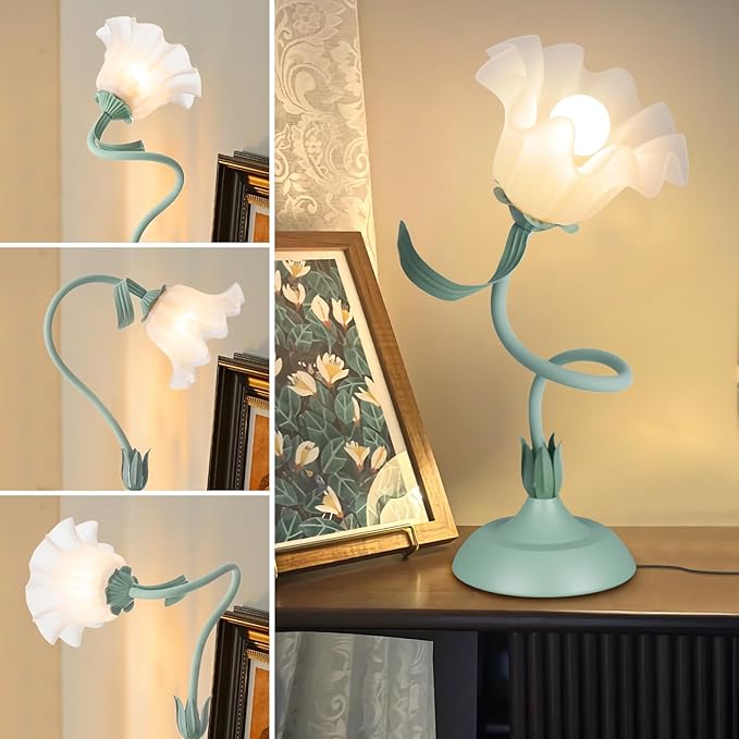 Women Bedside Table Lamps for Bedroom, Cute Flower Desk Lamp with Adjustable Flexible Gooseneck, 3 Color Temperatures Nightstand Lamp with E26 LED Bulbs, Floral Lamp for Living Room, Office,Reading