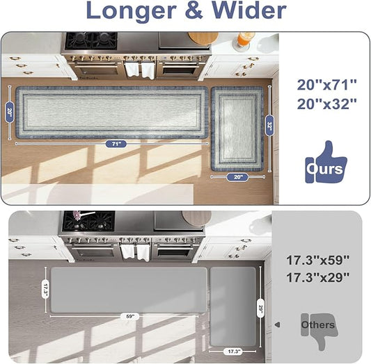 KIMODE Anti Fatigue Kitchen Mats for Floor, Blue Grey Farmhouse Kitchen Rugs Sets of 2, Padded Kitchen Floor Mats Non Slip, Cushioned Standing Mats for Front of Sink Laundry Desk 20"x71"+20"x32"