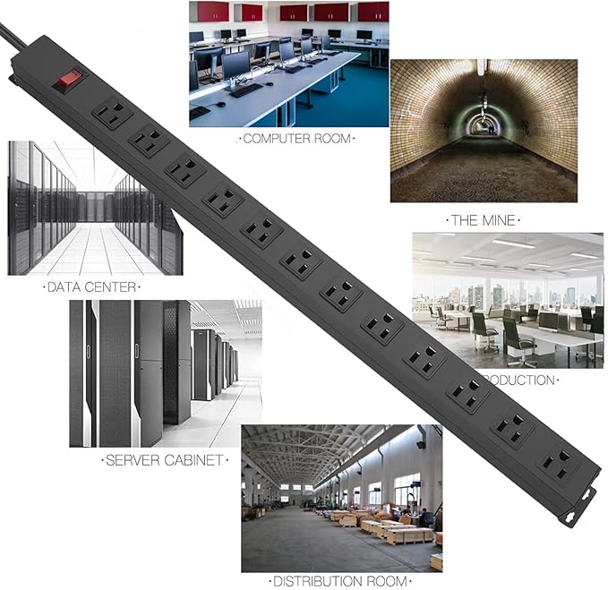 HHSOET Metal Wall Mount Power Strip, Mountable Power Outlet with 12 AC Outlets, Aluminum Alloy Mount Power Socket with Switch, 10 FT SJT 3/C 14AWG Power Cord, 15A 125V 1875W (12AC) Black