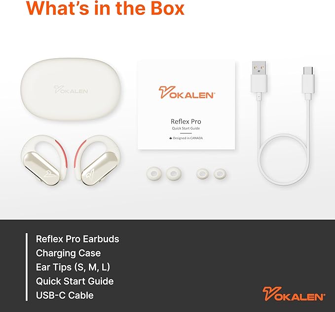 VOKALEN Reflex Pro - Wireless Sport Earbuds with Ear Hooks, Active Noise Cancellation, up to 50H of Battery Life, IP68 Dust and Waterproof, Touch Control, Secure Fit for Sports (White)