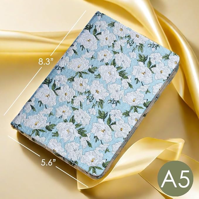 Floral Notebook, Cute Journal, A5, 8x6, Wide Rule, Lined Notebook, Diary for Women, Blue Notebook, Hard Cover Journal Notebooks, Lay Flat, Pretty Notebook, Writing Journal, White Gardenia