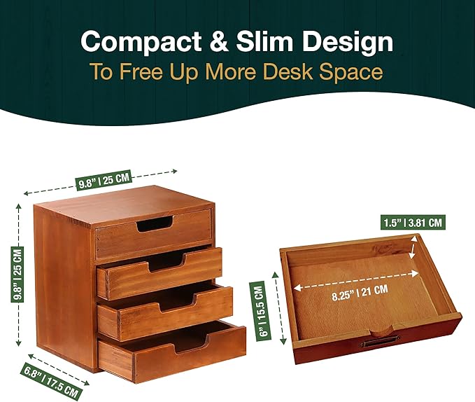 4 Drawer Desktop Storage Organizer in Modern Wood Design (9.8”x6.9”x 9.8”) 4-Drawer Stackable Drawer Unit - Vanity Accessories Organizer (1-Pack)