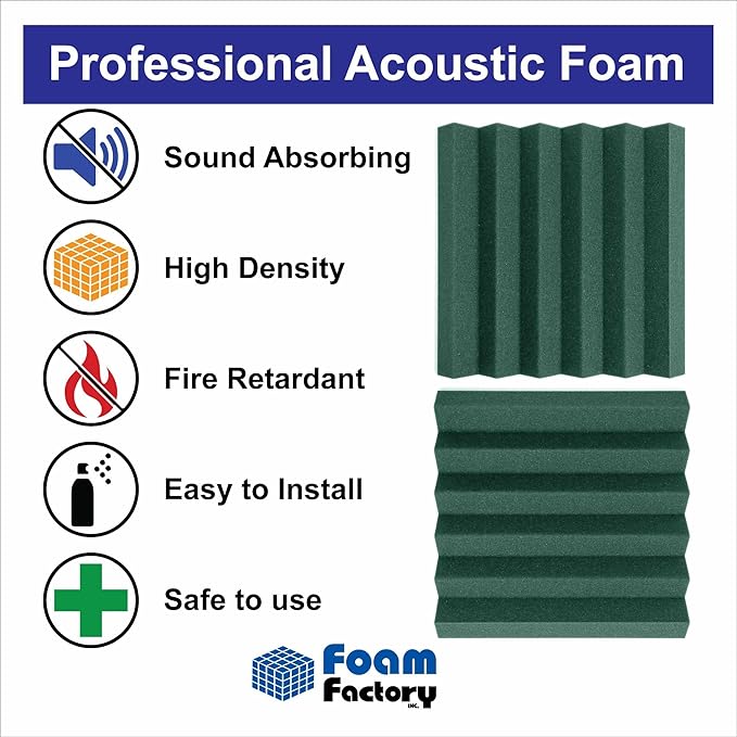 Foam Factory Inc 24 Pack Color Acoustic Foam Panel Studio Soundproofing Wedge Wall Tiles 12” X 12” X 2” (Forest Green)