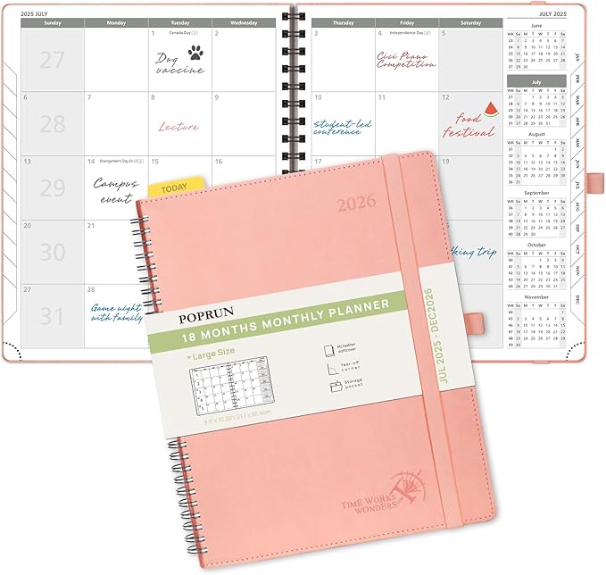 POPRUN Monthly Planner 2025-2026 Spiral Bound (8.5'' x 10.5'') 18 Months Calendar (Jul 2025 - Dec 2026) - 4 Pages per Month with Monthly Expense & Notes, Sunday Start, Leather Cover - Pink