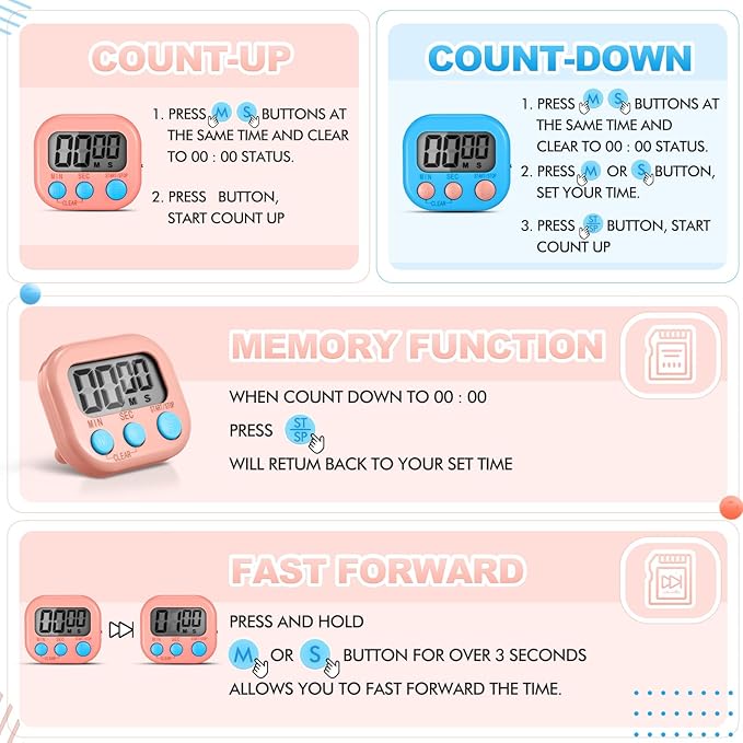 Xuhal 12 Pieces Digital Kitchen Timer Bulk, Small Magnetic Timers for Classroom, Digits Stopwatch Clock Timer for Cooking Baking Sports Games Office, Not Including Battery (Pink,Blue)