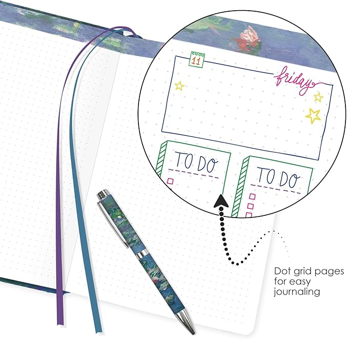 RainCaper Vegan Leather Journal Notebook, 160 Dot-Grid Pages, 5.7 inches x 8 inches, Journal - Monet Water Lilies
