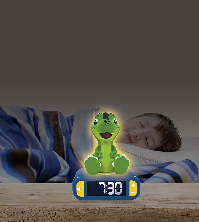 LEXiBOOK - Dinosaur Nightlight Alarm Clock, Clock, Alarm Clock for Boys and Girls, Snooze, Blue/Green - RL800DINO
