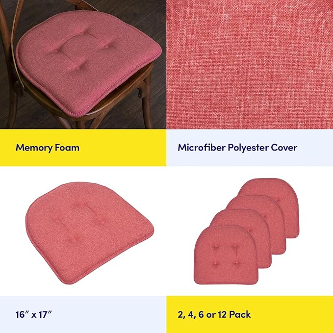 Sweet Home Collection Chair Cushion Memory Foam Pads Tufted Slip Non Skid Rubber Back U-Shaped 17" x 16" Seat Cover, 4 Count (Pack of 1), Peach
