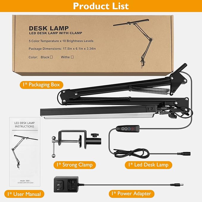 LED Desk Lamp with Clamp, Super Bright Double Head Task Light, 5 Color Modes, 10%~100% Dimmable Brightness, Modern Swing Arm Workbench Light