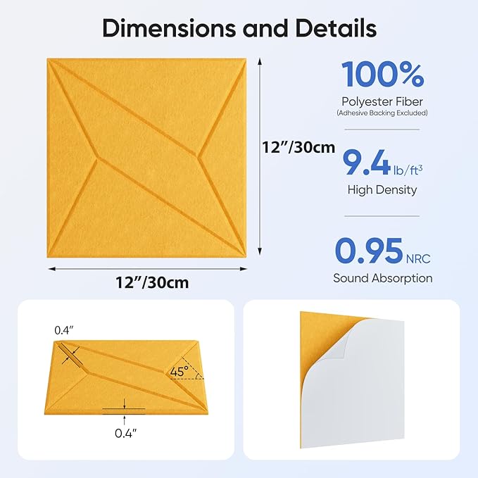 12 Pack 12" X 12" X 0.4" Acoustic Panels for Wall Sound Absorbing, P-Stripes Square Self-Adhesive Sound Panels, High Density Suitable for Multiple Scenarios(Orange)
