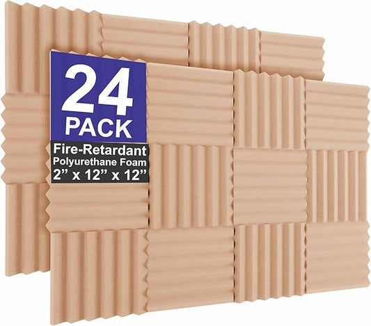 Foam Factory Inc 24 Pack Color Acoustic Foam Panel Studio Soundproofing Wedge Wall Tiles 12” X 12” X 2” (Rosy Beige)